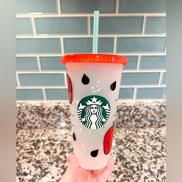 Starbucks cold cup strawberry design NEW permanent vinyl handmade kawaii - Picture 1 of 5